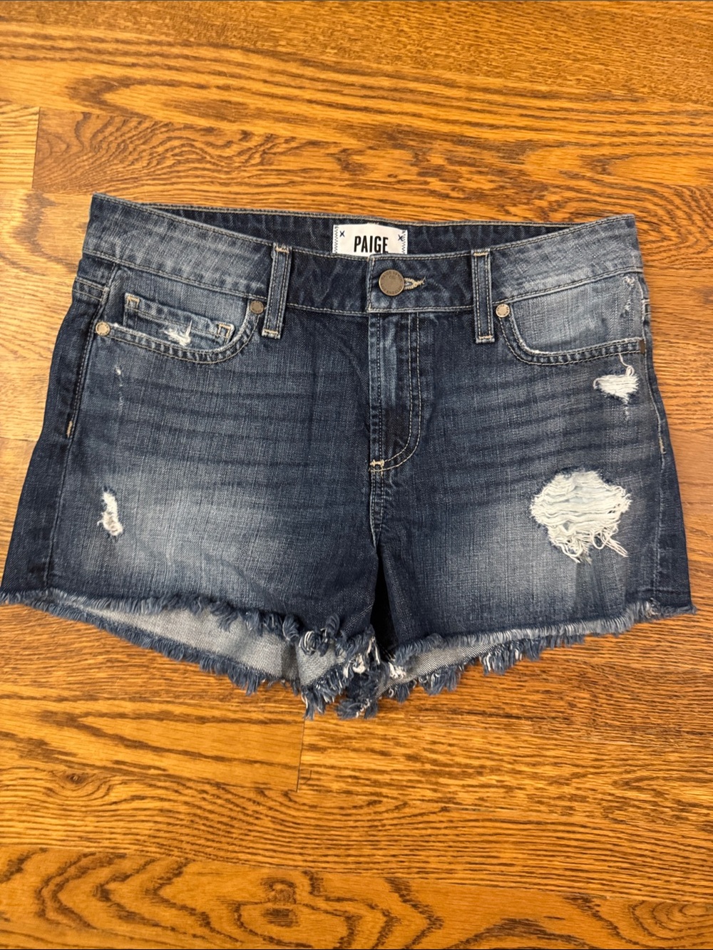 PAIGE Daryn Indigo Distressed Frayed Hem Denim Shorts size 27